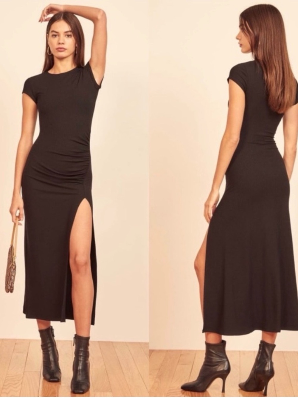 REFORMATION Brecken Split Side Stretch Jersey Midi Dress Black Size M